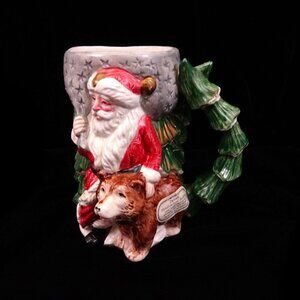 1990 OCI Omnibus Fitz Floyd Mug Santa Bear Christmas Cup Fir Forest Hot Cocoa